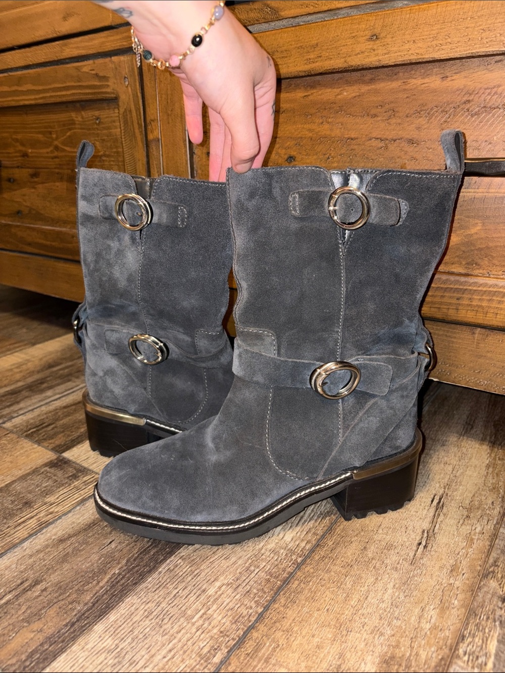 Vince Camuto Gray Suede Buckle Moto Boots Size 7